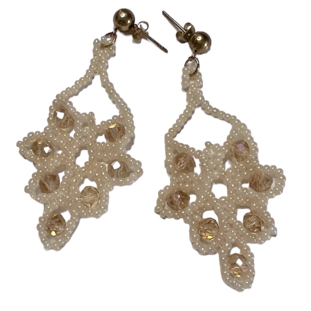 Handmade Beaded Earrings -Leaf Post Earings - Color: Ivory beads & Tan Crystals